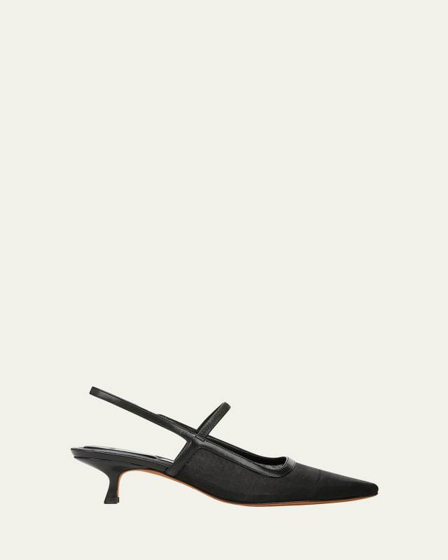 Mesh Leather Kitten Slingback Pumps